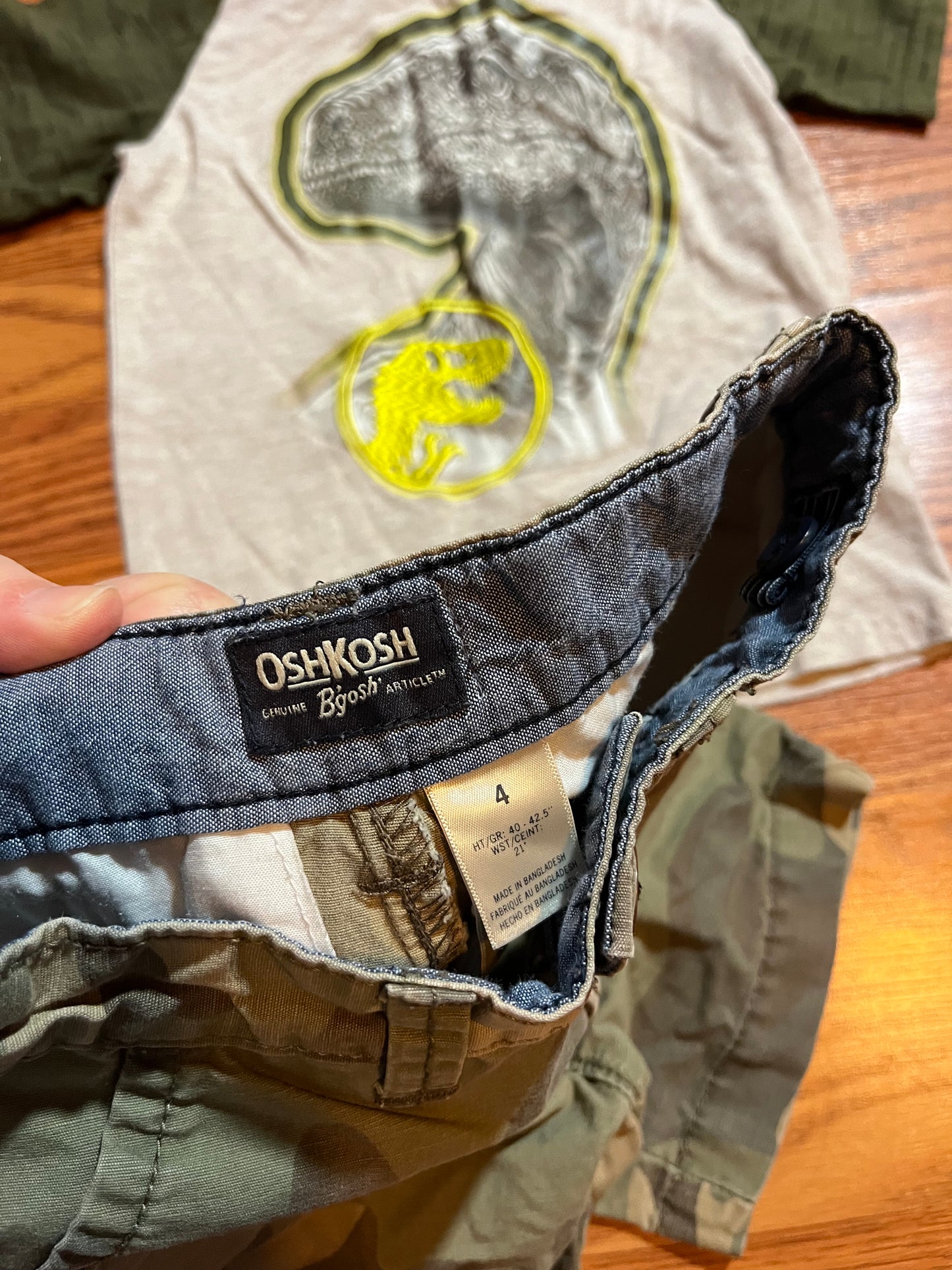 4t jurassic World T-shirt and size 4 camo Oshkosh shorts (adjustable waist)