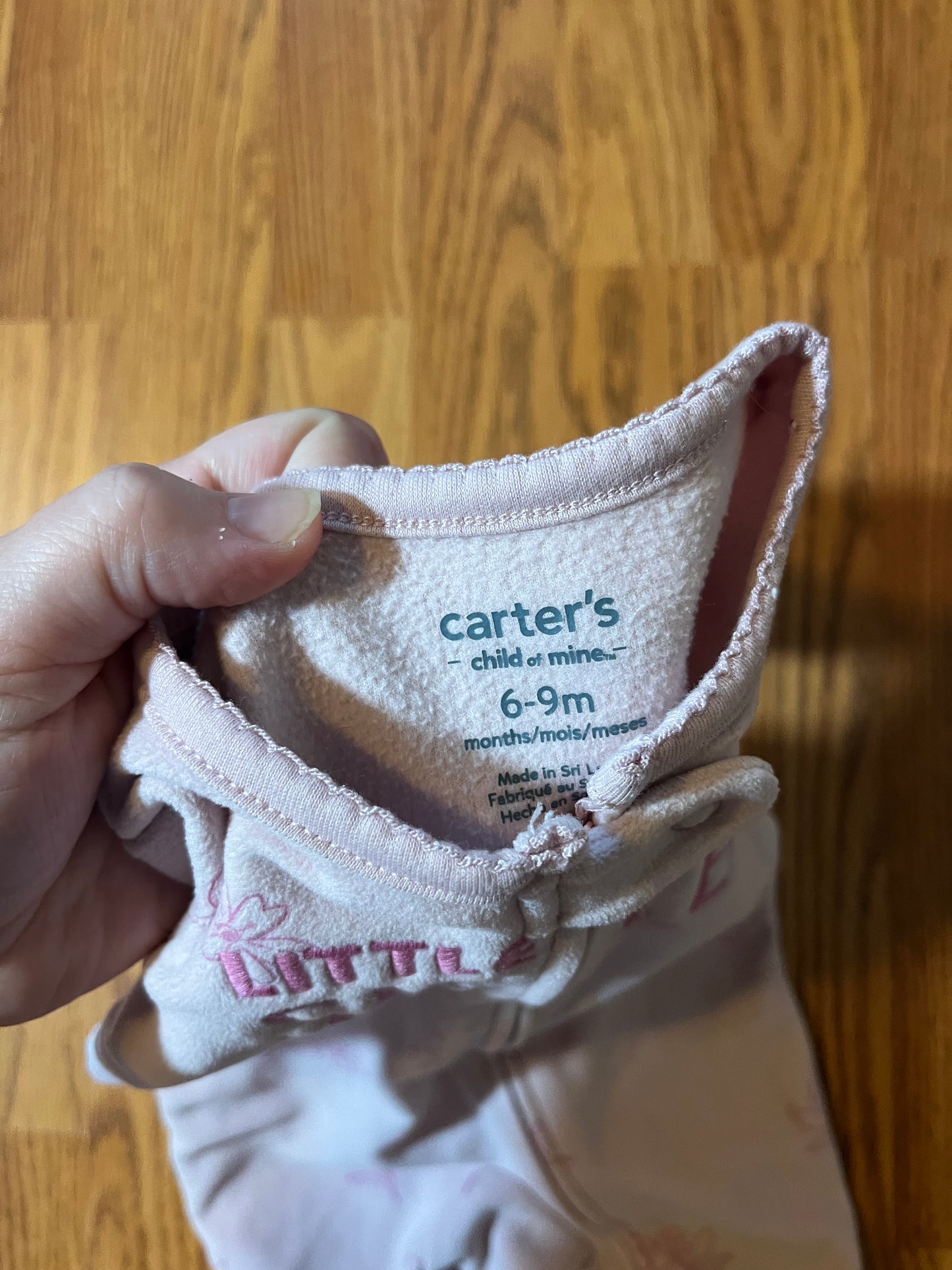 6/9 months Carters fleece sleeper “little sister”