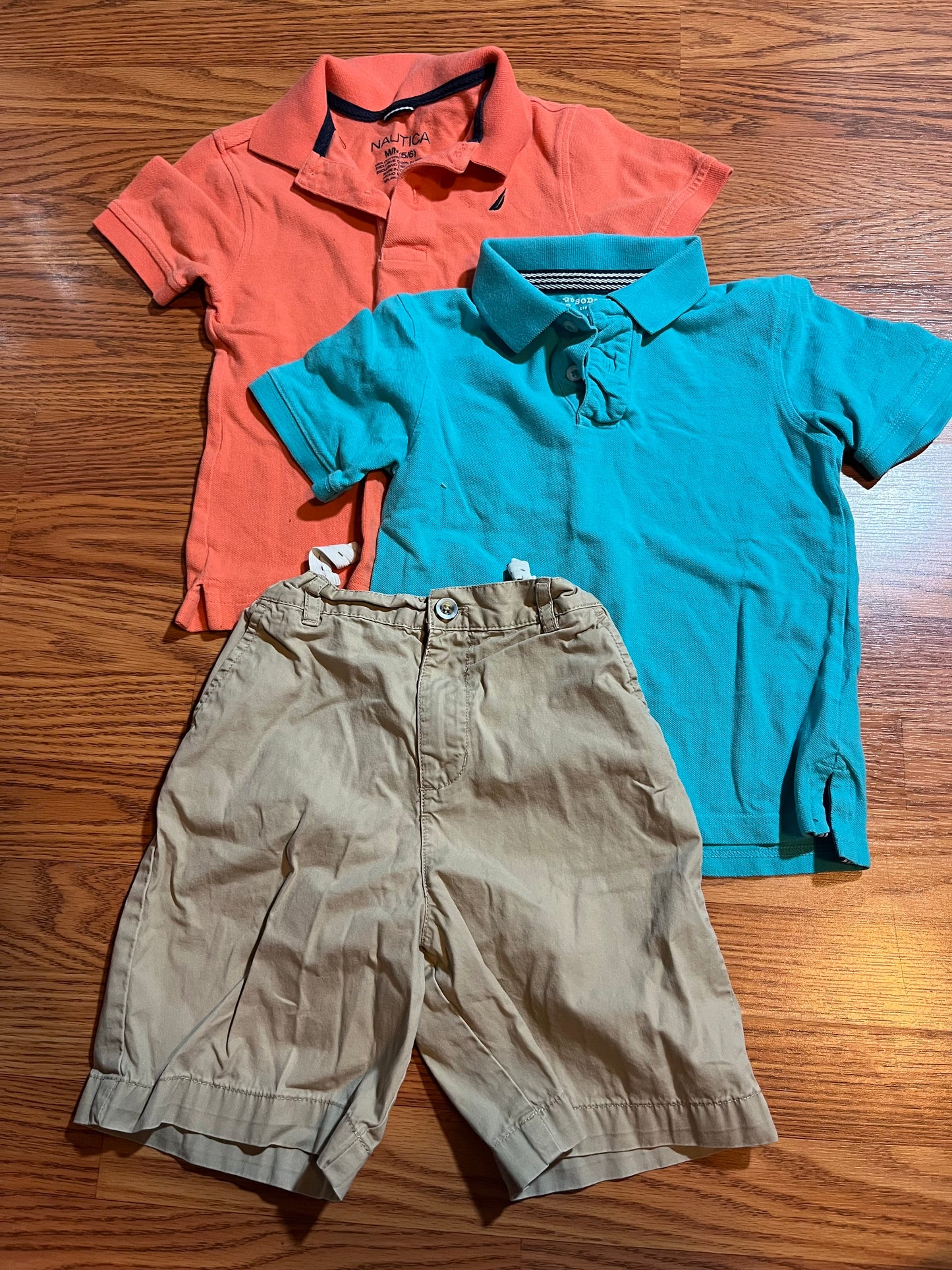 5/6 polo tops and size 5 adjustable waist khaki shorts